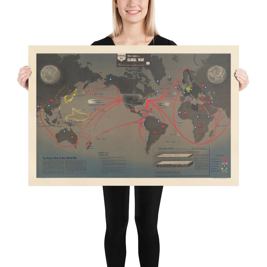 NavWarMap No. 6 - Old World War 2 Map, 1944 - US Navy Educational & Propaganda Map - Maritime Allies vs. Nazi Wall Chart