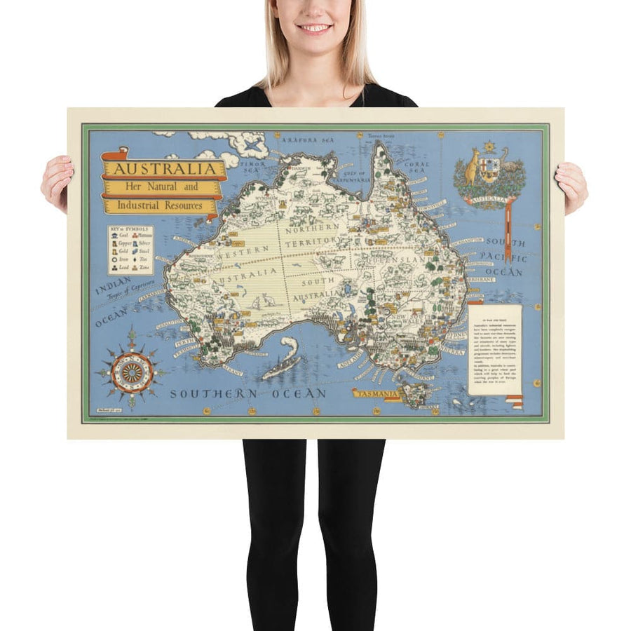 Alte Karte von Australien, 1942 von Max Gill - Weltkrieg 2 Karte der natürlichen und industriellen Ressourcen 