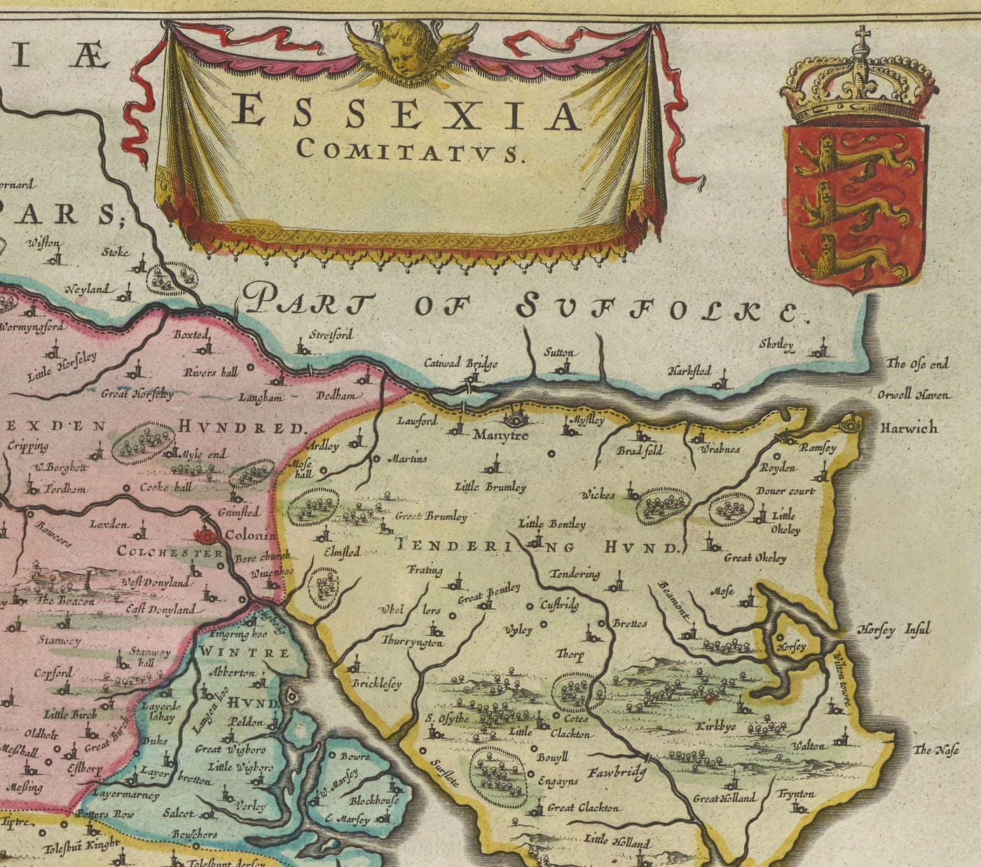 Ancienne carte de l'Essex, 1665 par Joan Blaeu - Southend, Colchester, Chelmsford, Basildon, Romford, Braintree, North London