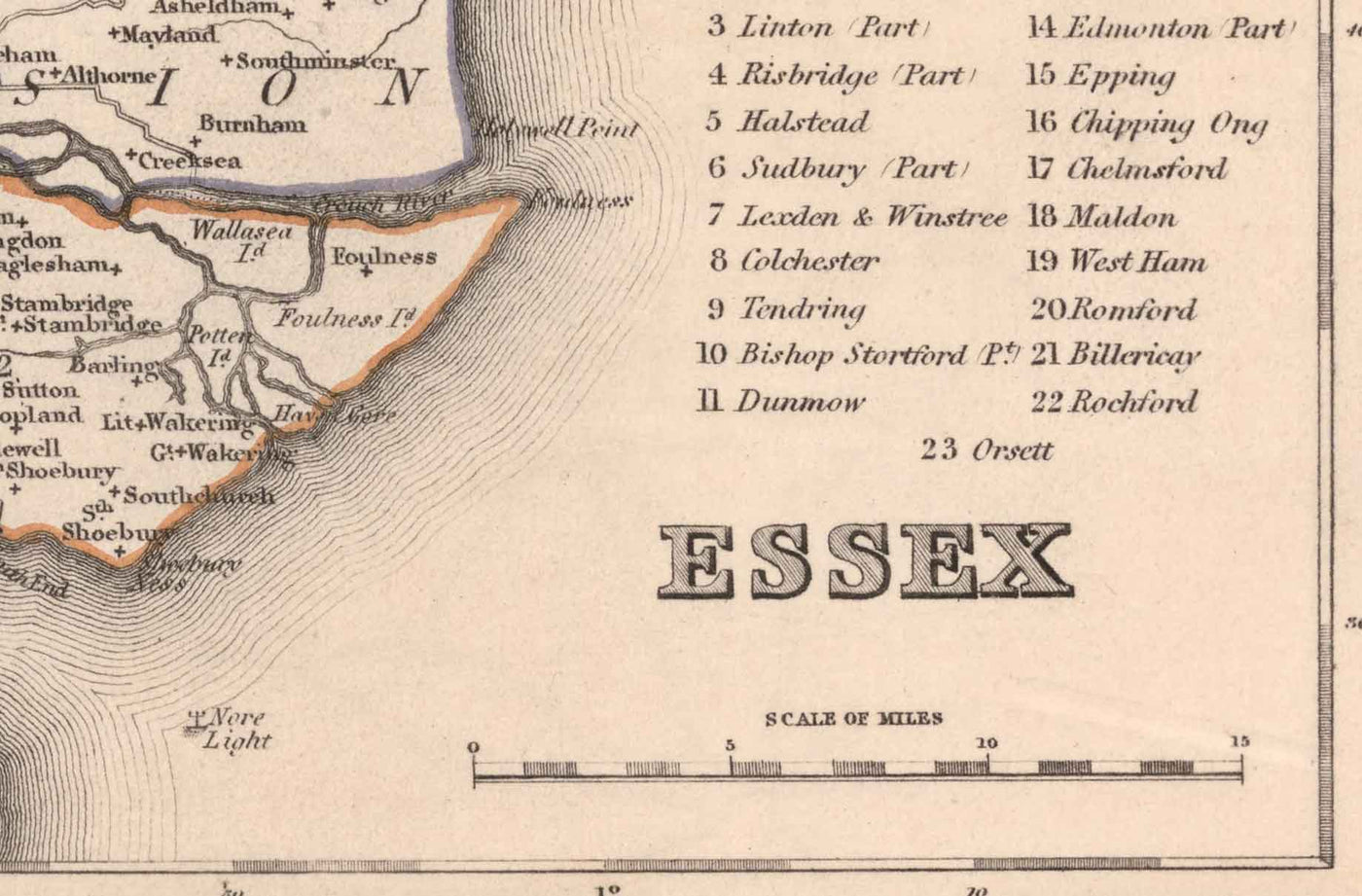Antiguo mapa de Essex, 1844 por Samuel Lewis - Great Eastern Railway, ECR, Chelmsford, Colchester