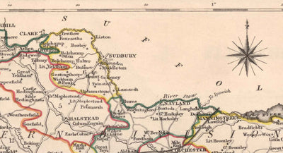 Antiguo mapa de Essex, 1844 por Samuel Lewis - Great Eastern Railway, ECR, Chelmsford, Colchester