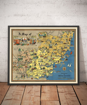 Mappa antica di Essex, Suffolk, Hertfordshire, 1948 - Grafico Pictoriale delle Ferrovie Britanniche - Colchester, Southend, St Albans 