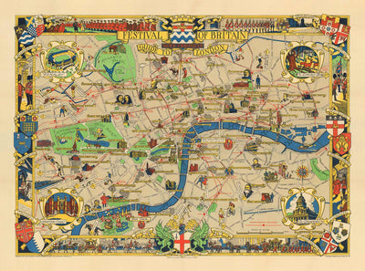 Alte Karte von Central London, 1951 - Festival von Großbritannien, Royal Festival Hall, Sehenswürdigkeiten, Südbank