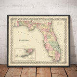 Alte Karte von Florida im Jahr 1855 von Colton - Keys, Panhandle, Jacksonville, Tampa, Dade, Tallahassee, Ft Lauderdale 