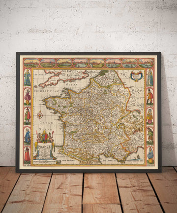 Vieille carte de la France, 1627 de John Speed ​​- Belgique, Normandie, Bretagne, Côte d&