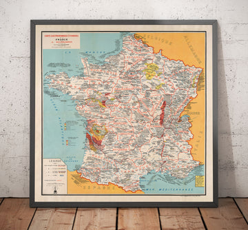 Old Gastronomic Map of France in 1932 by Alain Bourguignon - French Food, Michelin, Champagne, Bordeaux, Butter, Cheese, etc.