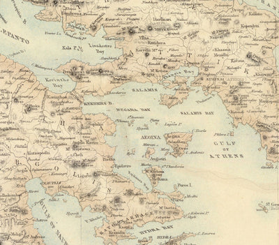 Ancienne carte de la Grèce en 1872 par Archibald Fullarton - Athènes, Le Pirée, Kalamata, Patras, Nauplie