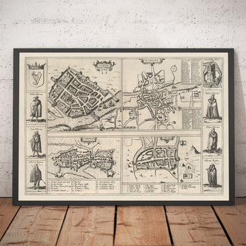 Viejo mapa de Dublín, Limerick, Cork y Galway en 1618 por Georg Braun - Llámags de la antigua ciudad Eire