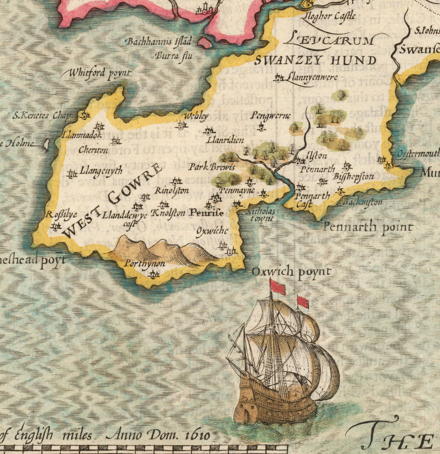 Old Map of Glamorgan Wales, 1611 by John Speed - Cardiff, Swansea, Bridgend, Port Talbot, Barry