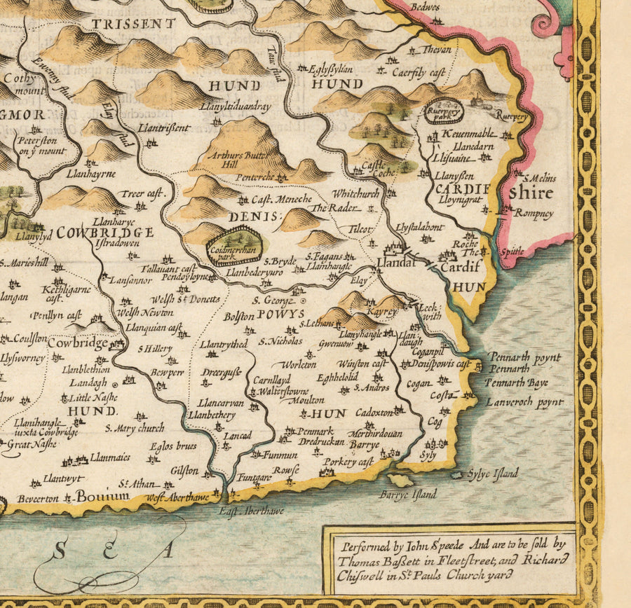 Old Map of Glamorgan Wales, 1611 by John Speed - Cardiff, Swansea, Bridgend, Port Talbot, Barry