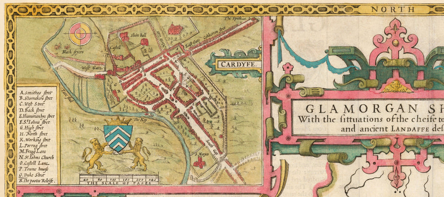 Old Map of Glamorgan Wales, 1611 by John Speed - Cardiff, Swansea, Bridgend, Port Talbot, Barry