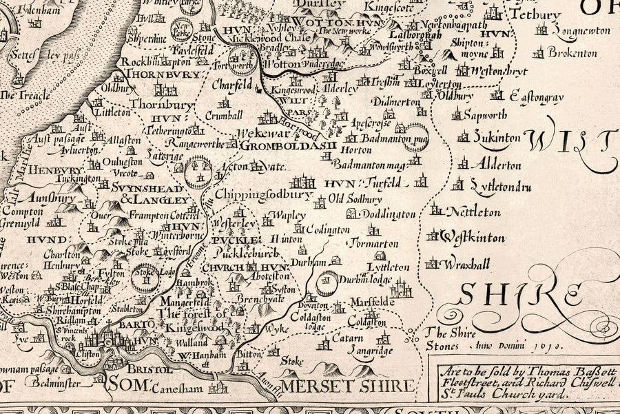 Old Map of Gloucestershire, 1611 by John Speed - Bristol, Cheltenham, Gloucester, Kingswood, Filton, South