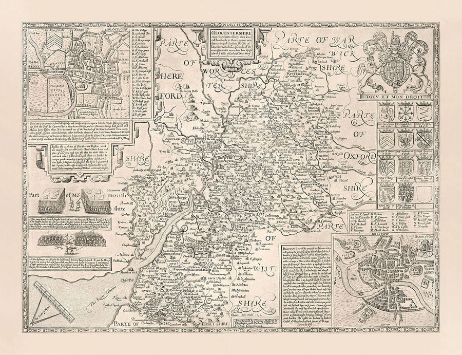 Old Map of Gloucestershire, 1611 by John Speed - Bristol, Cheltenham, Gloucester, Kingswood, Filton, South