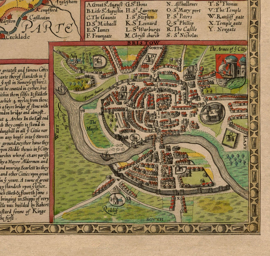 Old Map of Gloucestershire, 1611, John Speed - Bristol, Cheltenham, Gloucester, Kingswood, Filton