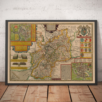 Ancienne carte de Gloucestershire, 1611, John Speed ​​- Bristol, Cheltenham, Gloucester, Kingswood, Filton