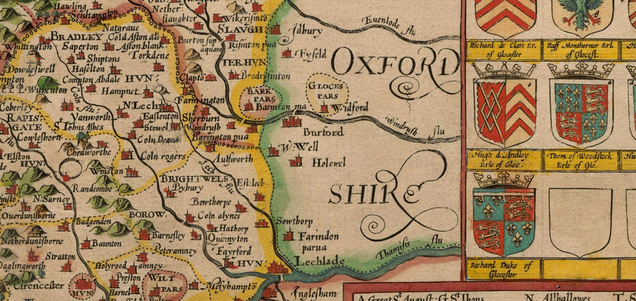 Old Map of Gloucestershire, 1611, John Speed - Bristol, Cheltenham, Gloucester, Kingswood, Filton