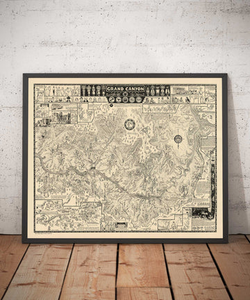 Old Illustrative Map of The Grand Canyon in 1931 by Jo Mora - Arizona, Colorado River, Horseshoe Bend, Native Americans