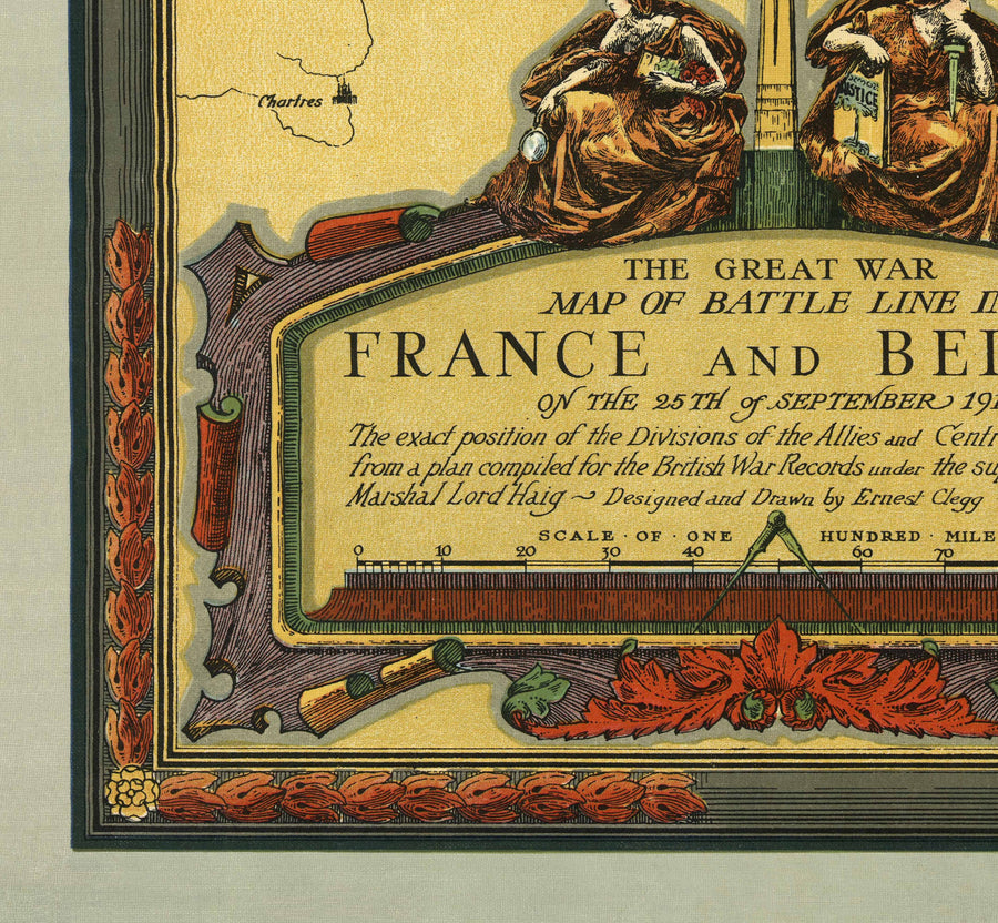 Alte Karte des Ersten Weltkriegs, WW1 - England, Frankreich, Deutschland, Belgien, Flandern Schlachtlinien 