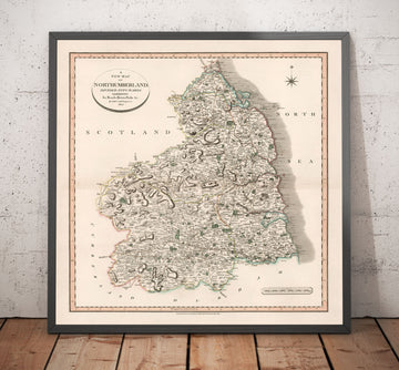 Ancienne carte du Northumberland en 1801 par John Cary - Newcastle, Belford, Hexham, Haltwhistle, Durham