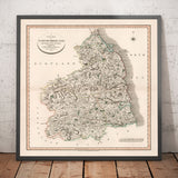 Mappa antica del Northumberland nel 1801 di John Cary - Newcastle, Belford, Hexham, Haltwhistle, Durham 