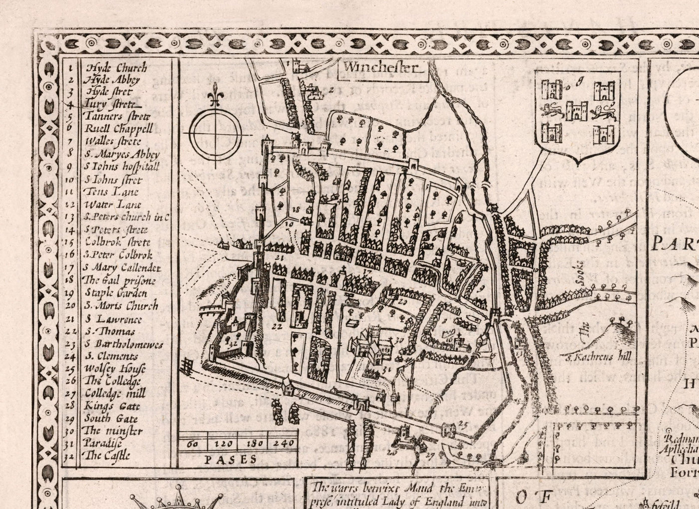 Mapa antiguo de Hampshire, 1611 de John Speed ​​- Winchester, Portsmouth, Southampton, Basingstoke