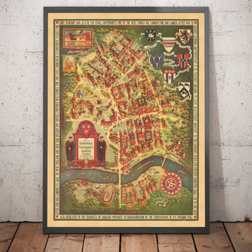 Old Map of Harvard University & Radcliffe, 1935 by Schruers - Campus, House Coat of Arms, Charles River