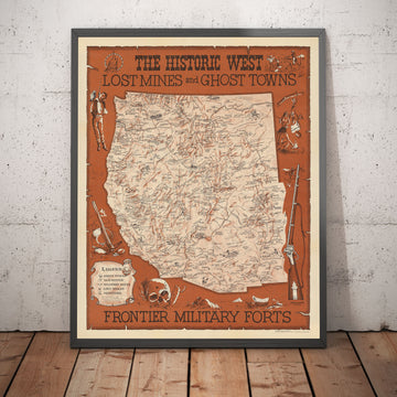 Antiguo mapa del Salvaje Oeste americano realizado por Andy Dagosta en 1968 - Cowboys, Indios, Forajidos, Frontera, Oregon Trail
