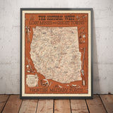Ancienne carte de l'Ouest américain sauvage réalisée par Andy Dagosta en 1968 - Cowboys, Indiens, Outlaws, Frontier, Oregon Trail