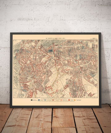 Mappa della povertà di Londra 1898-9, Fuori dal Distretto Meridionale, di Charles Booth - Oval, Brixton, Herne Hill, Lambeth - SW8, SW9, SW2, SE5, SE24, SE22, SE15 