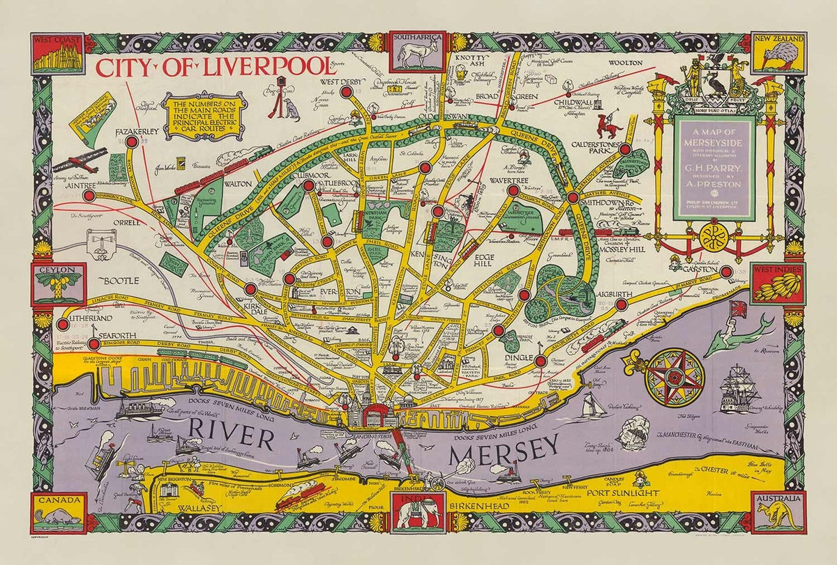 Mappa antica di Liverpool, 1934 di GH Parry - Carta pittorica della città - Mersey, Docks, Parchi, Edifici antichi 