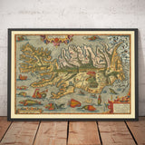 Mapa antiguo raro de Islandia por Ortelius, 1603 - Reykjavik, Keflavik, volcanes, montañas, fiordos, glaciares, monstruos marinos