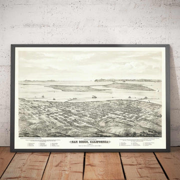 Rara mappa antica di San Diego di Eli Sheldon Glover, 1876 - Vista a volo d&