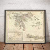 Ancienne carte de la Grèce antique, 1829, par Sduk - Crète, Égée, Athènes, Arcadia, Attique, Cyclades, Zakynthos