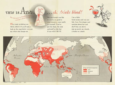Carte ancienne du monde de Dr. Seuss, 1943 - Tableau murale du paludisme de l'armée américaine de la Seconde Guerre mondiale 2