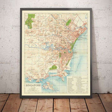 Seltene alte Karte von Singapur, 1917 - Britisches Empire Kolonie, Pulau Ujong, Botanische Gärten, Marina, Bucht 