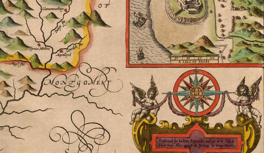 Old Map of Merionethshire, Wales in 1611 by John Speed - Dolgellau, Aberdyfi, Bala, Barmouth, Harlech, Snowdonia