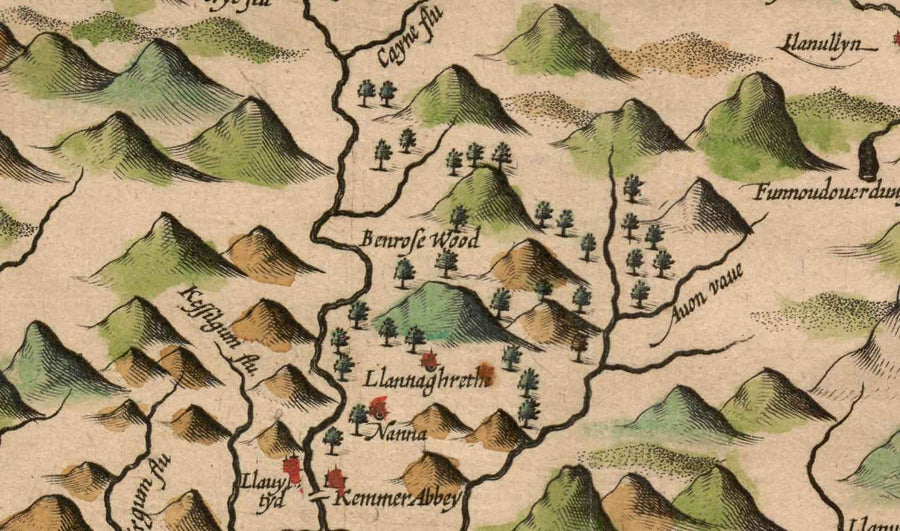 Old Map of Merionethshire, Wales in 1611 by John Speed - Dolgellau, Aberdyfi, Bala, Barmouth, Harlech, Snowdonia