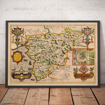 Ancienne carte du Merionethshire, Pays de Galles en 1611 par John Speed - Dolgellau, Aberdyfi, Bala, Barmouth, Harlech, Snowdonia