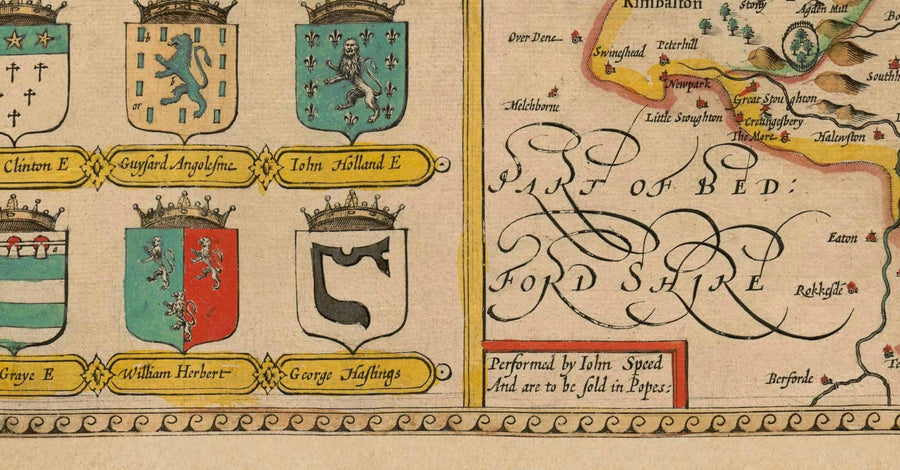 Alte Karte von Huntingdonshire 1611 von John Speed - Huntingdon, Cambridgeshire, St. Ives, St. Neots, Godmanchester Yaxley 