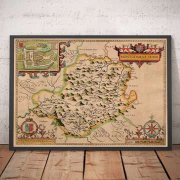 Mappa antica di Montgomeryshire, Galles, 1611 di John Speed - Powys, Maldwyn, Montgomery, Newtown, Welshpool, Llanidloes 