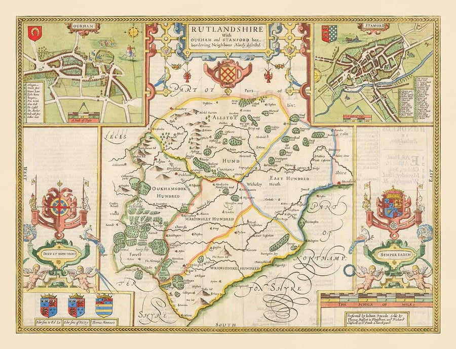 Old Map of Rutland, 1611 by John Speed - Rutlandshire, Oakham, Edith Weston, Uppingham, Ketton, Stretton