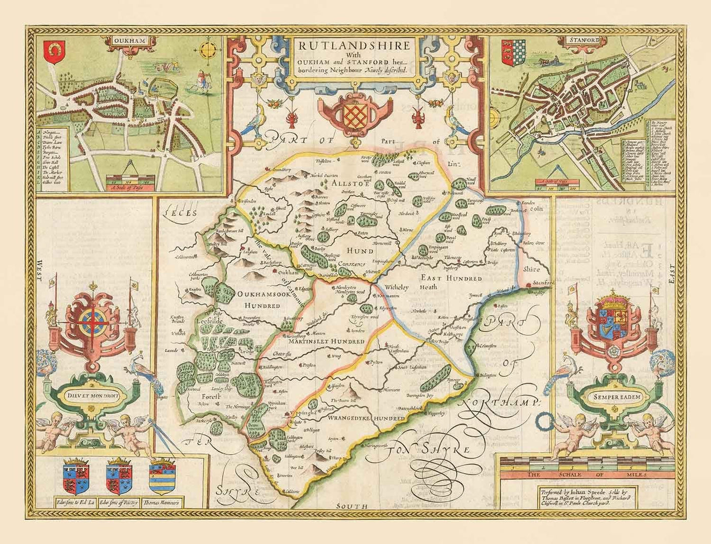 Ancienne carte du Rutland, 1611 par John Speed - Rutlandshire, Oakham, Edith Weston, Uppingham, Ketton, Stretton