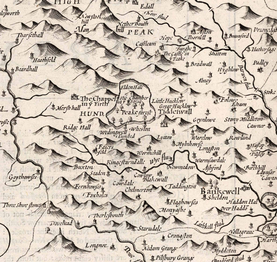 Old Monochrome Map of Derbyshire, 1611 by John Speed - Derby, Chesterfield, Buxton, Peak District