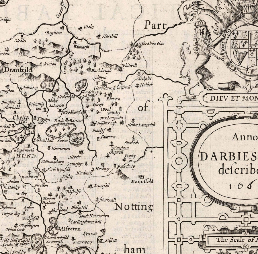 Old Monochrome Map of Derbyshire, 1611 by John Speed - Derby, Chesterfield, Buxton, Peak District