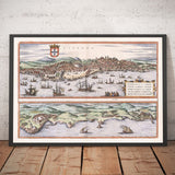 Ancienne carte de Lisbonne, Portugal par Georg Braun en 1572 - Château, Cathédrale, Murs de la ville, Centre-ville, Vieilles rues