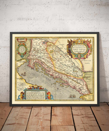 Vecchia mappa di Croazia, Bosnia e Serbia, 1573 di Ortelius - Mare Adriatico, Venezia, Zagabria, Belgrado, Sarajevo, Isole 