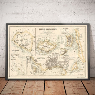 Antiguo mapa colonial de la península de Malasia, 1860 por Fullarton - Singapur, Penang, Malaca, Naning - Asentamientos británicos