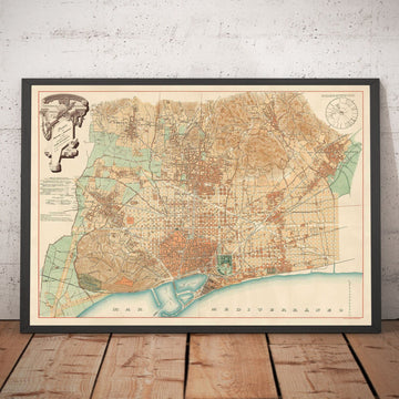 Mappa antica di Barcellona, 1891 di DJM Serra - Sagrada Famíli, Quartiere Gotico, Cattedrali, Parchi, Las Ramblas, Strade 