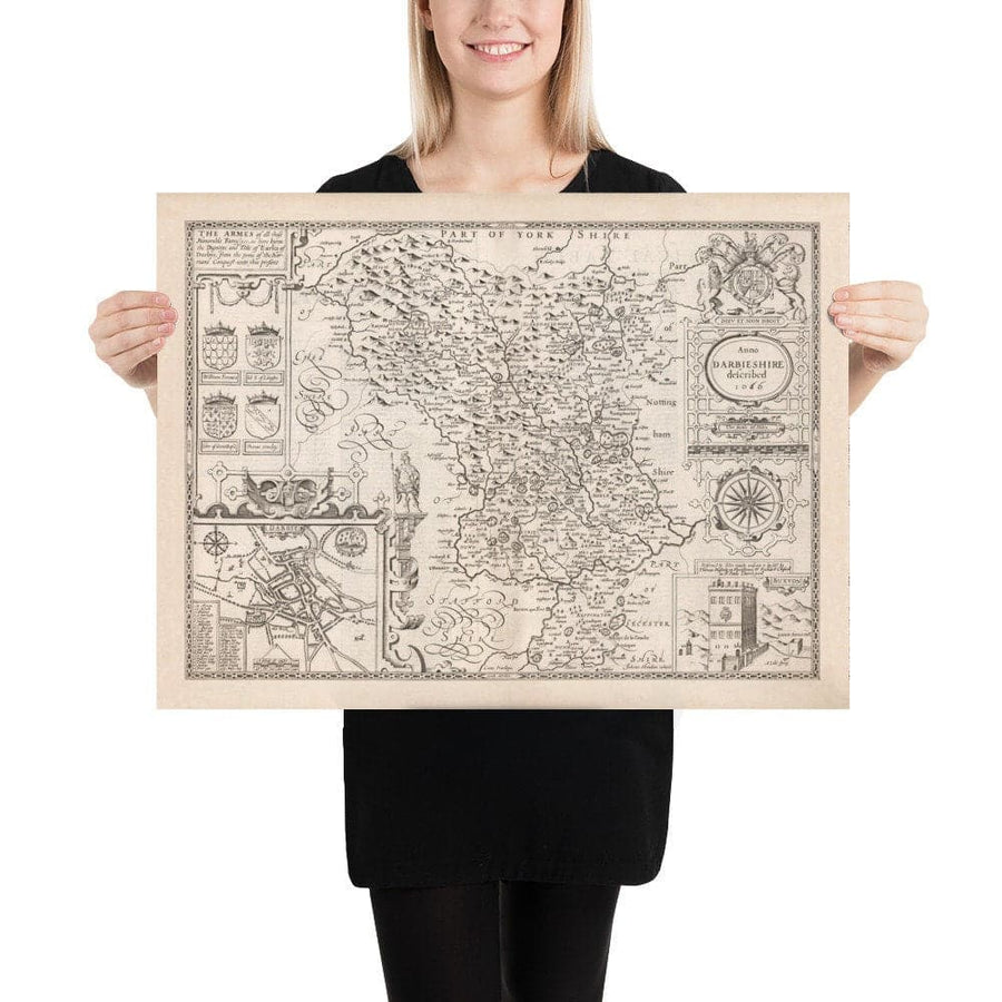 Old Monochrome Map of Derbyshire, 1611 by John Speed - Derby, Chesterfield, Buxton, Peak District
