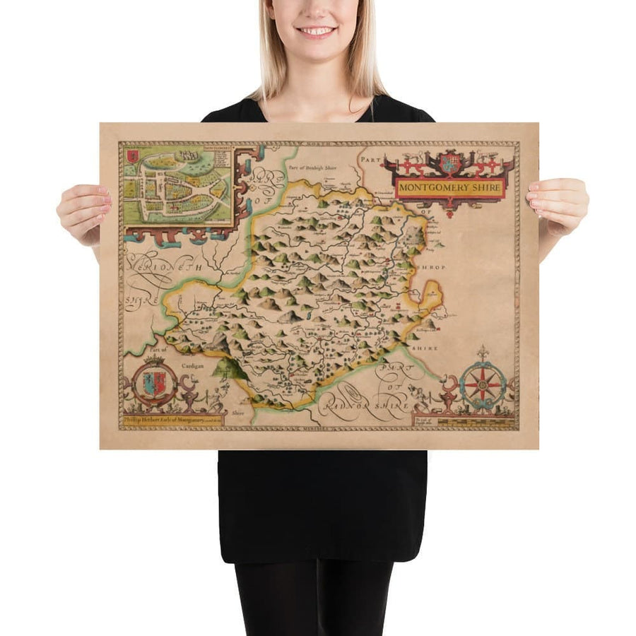 Old Map of Montgomeryshire, Wales, 1611 by John Speed - Powys, Maldwyn, Montgomery, Newtown, Welshpool, Llanidloes